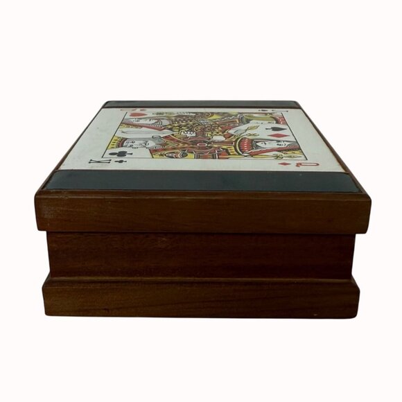 Wooden Playing Card Box Ceramic Tile King Queen Spades Vintage MCM Green Felt - Picture 5 of 16